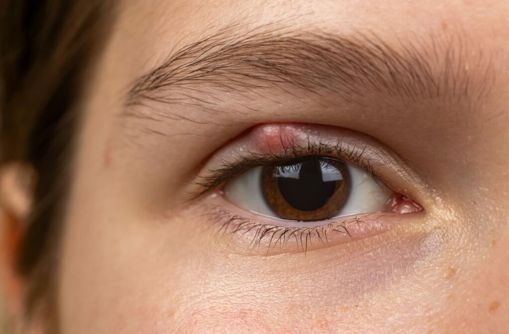 A close-up image of a right eye with a small stye on the edge of the upper eyelid.