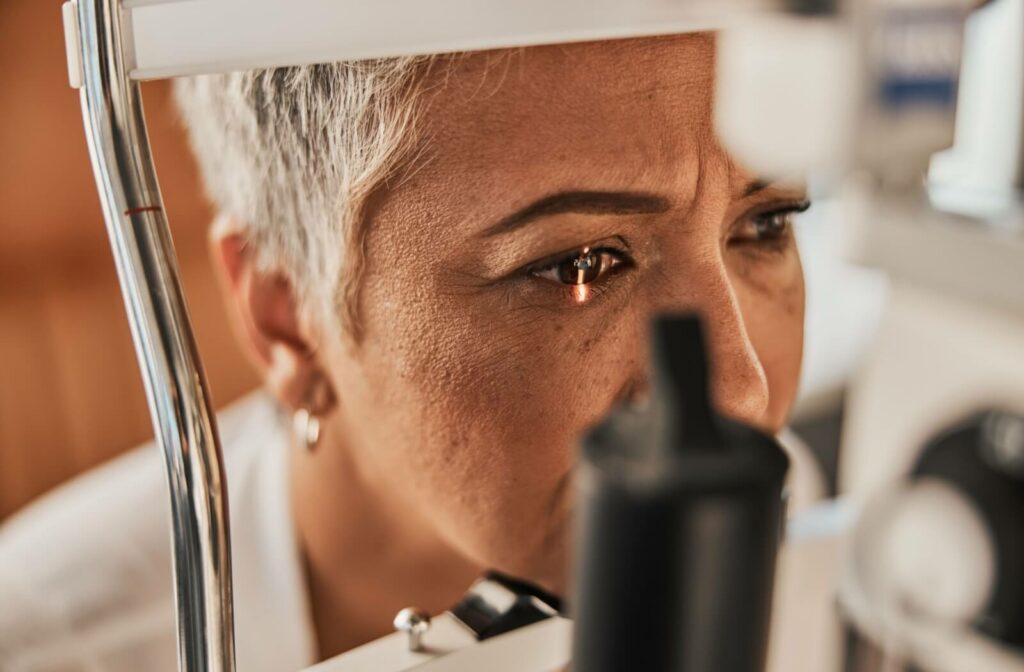 A slit lamp is used to assess a patient's ocular health during their annual diabetic eye exam.