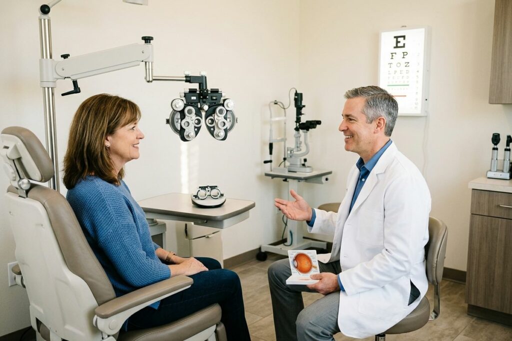 A smiling optometrist holding an anatomical eye model speaks with an adult patient seated in an eye exam room.
