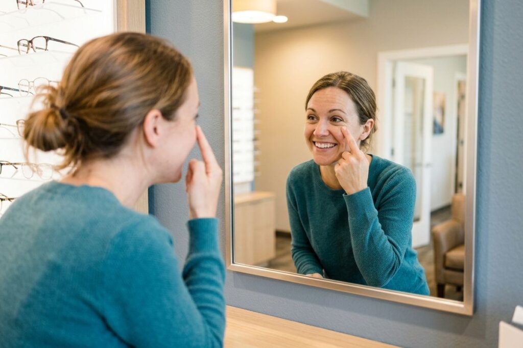 A smiling adult in an optical shop looks into a mirror and touches the skin just below their eye.