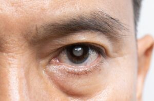 A close-up image of an older adult's eye with the cloudy lens from a cataract.