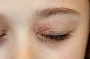 A close-up image of someone with crusty buildup and discharge from their eye due to blepharitis.