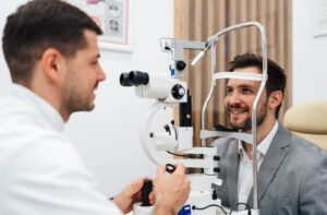 A smiling adult gets an eye exam done at their local Costco Optical.
