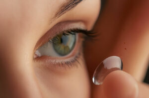 A close-up of a person holding a clear contact lens on their fingertip near their eye, illustrating what to expect during a professional contact lens fitting at Costco.