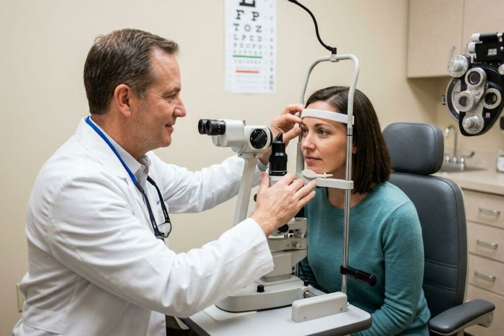 An optometrist examines a patient’s eyes.