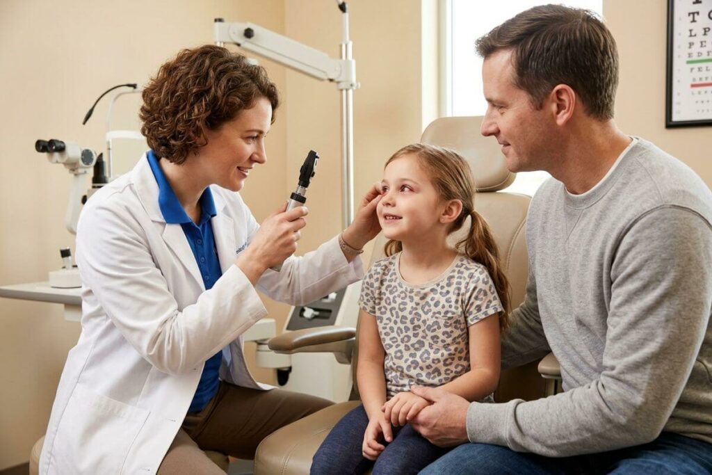 An optometrist examines the eyes of a child showing symptoms of pink eye.