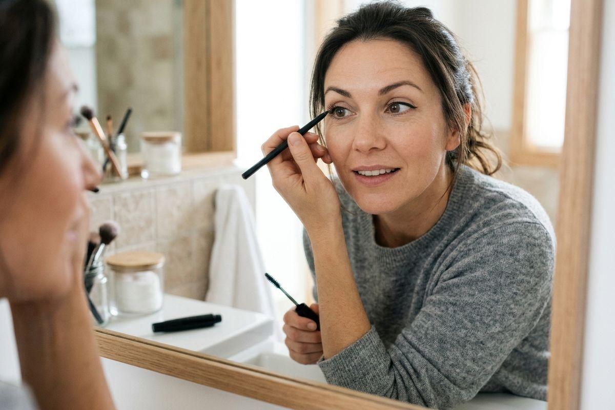 A mascara tube, applicator wand, and an eyeliner pencil are used for eye makeup.
