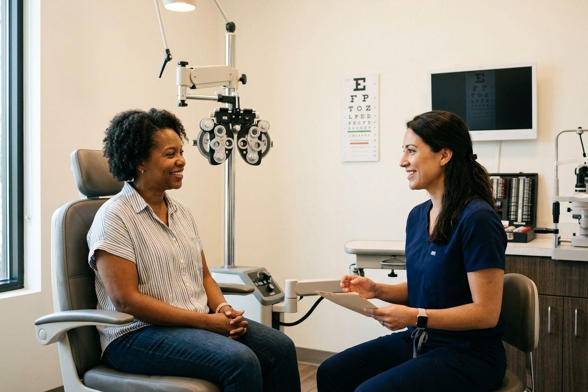 Eye doctor in Austin consulting with a person about preventative eye care.