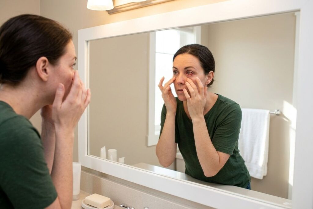 Person looking into a mirror examining an irritated pink eye.