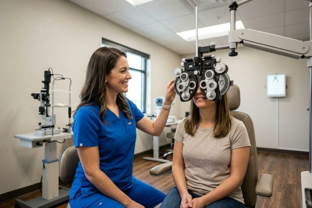 Optometrist checking the vision of an adult patient during a walk-in eye exam.