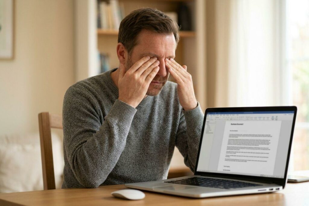 Person rubbing eyes in front of a laptop, a common sign of dry eye disease.