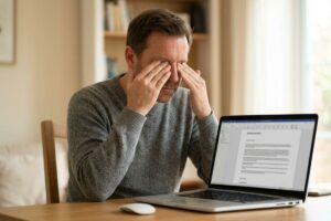 Person rubbing eyes in front of a laptop, a common sign of dry eye disease.