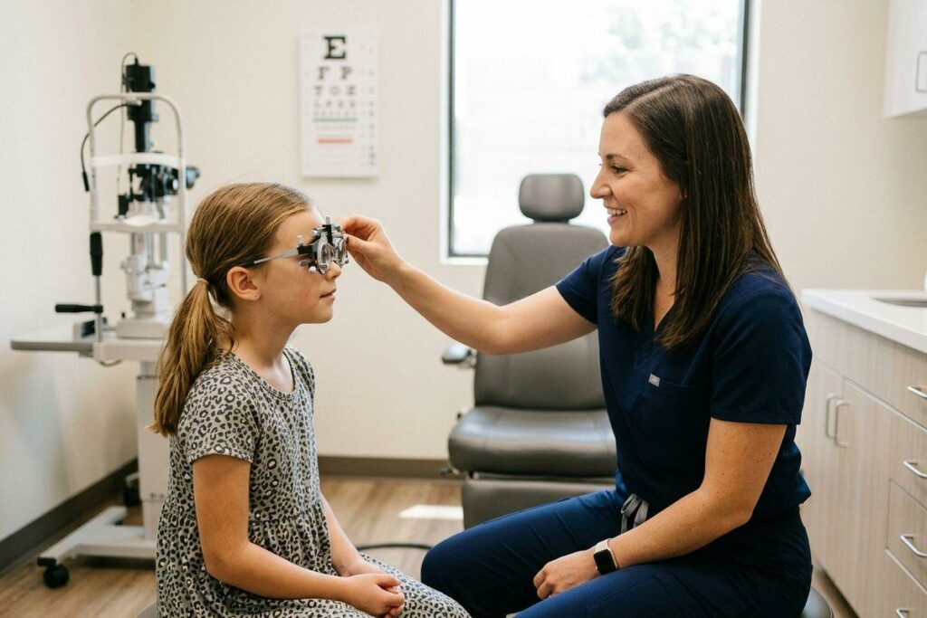A child is going thorugh an eye exam with an eye doctor at the clinic.