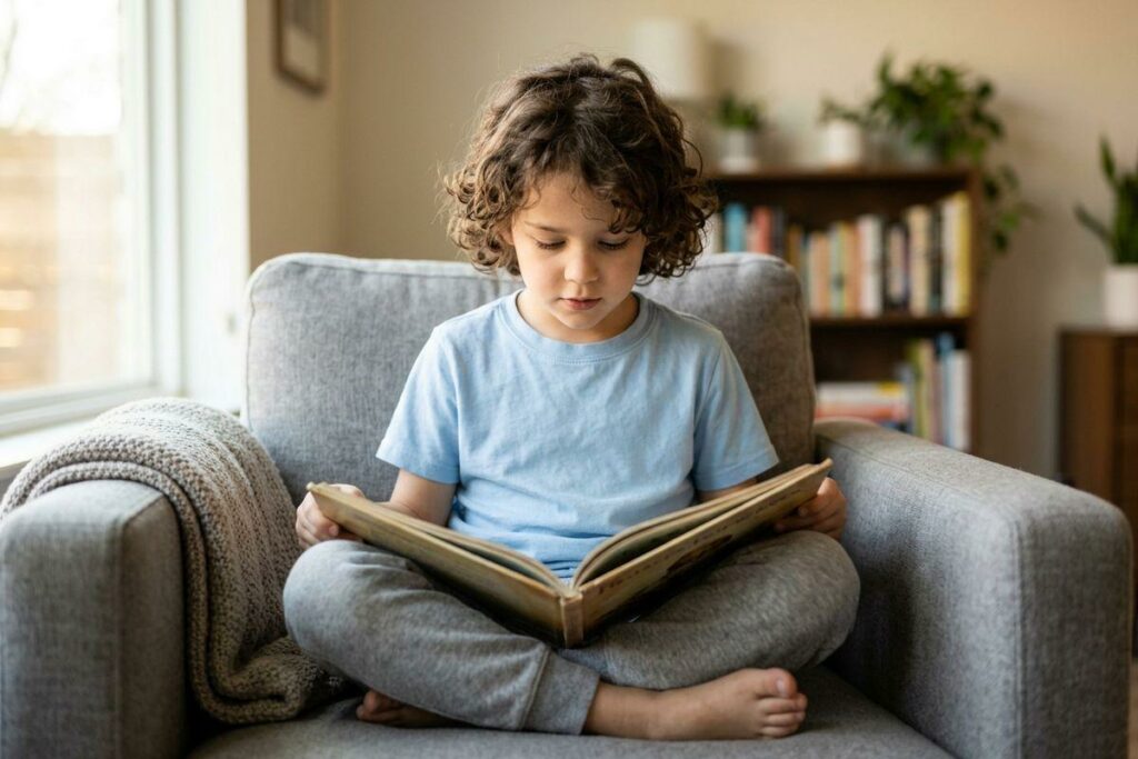 Child reading a book, highlighting healthy vision and pediatric eye care.