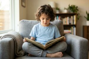 Child reading a book, highlighting healthy vision and pediatric eye care.