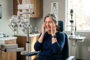 An older adult rubbing closed eyes while seated beside a phoropter in an optometrist's exam room.