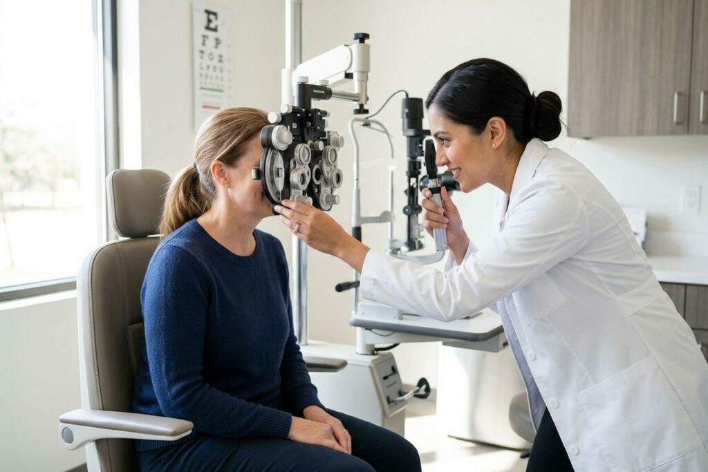 An optometrist conducting an eye exam using a phoropter on a seated patient in a clinic with an eye chart.
