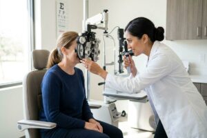 An optometrist conducting an eye exam using a phoropter on a seated patient in a clinic with an eye chart.