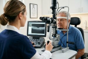 An optometrist examines an older adult's eyes with a slit lamp, retinal scan shown on screen, in an exam room.