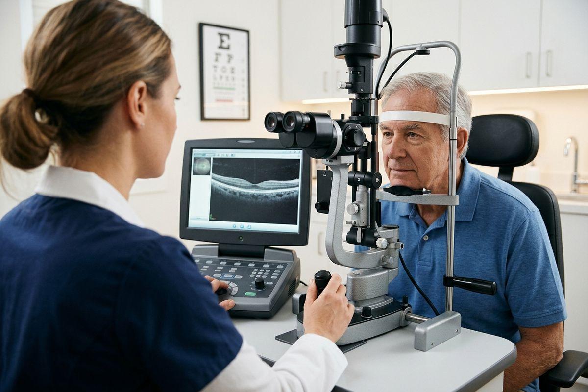 An optometrist examines an older adult's eyes with a slit lamp, retinal scan shown on screen, in an exam room.