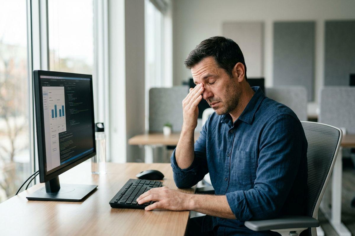 A person at an office desk rubbing their eye, looking tired, in front of a computer monitor and keyboard.