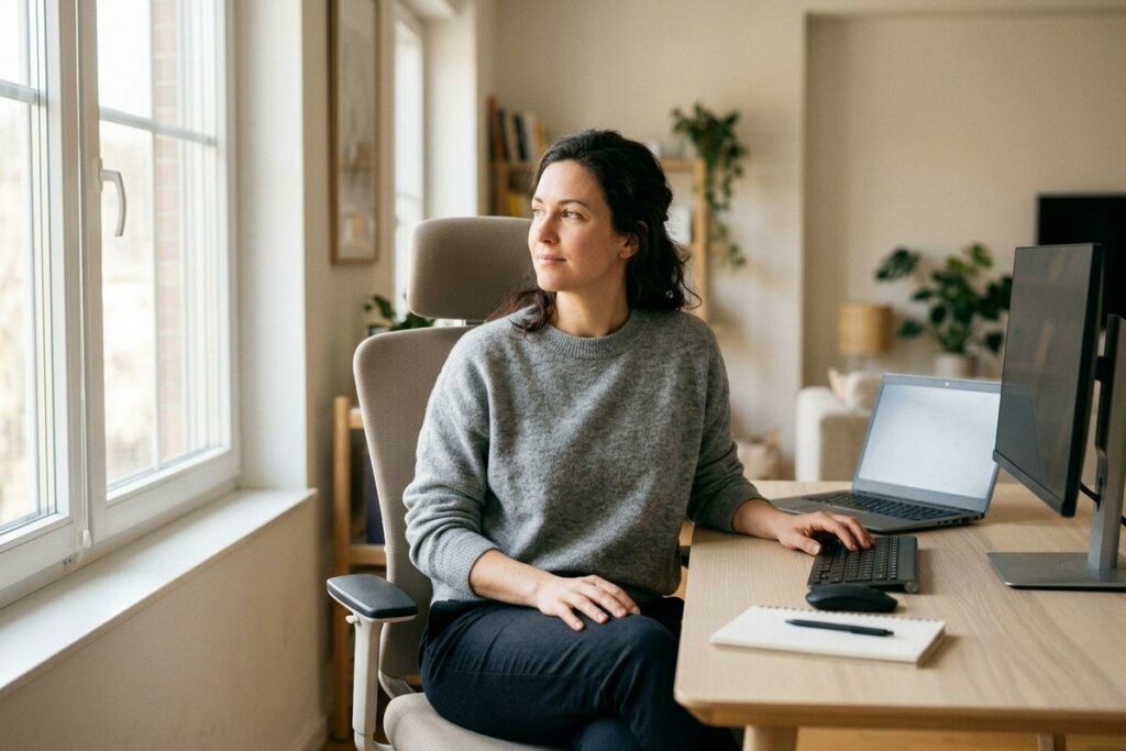 A person in a gray sweater sitting at a home office desk with a laptop and monitor, looking out the window.