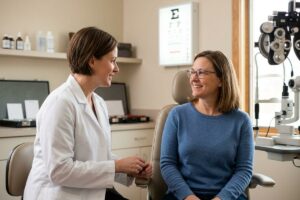 A smiling optometrist and an adult patient wearing glasses talk together in an eye exam room.