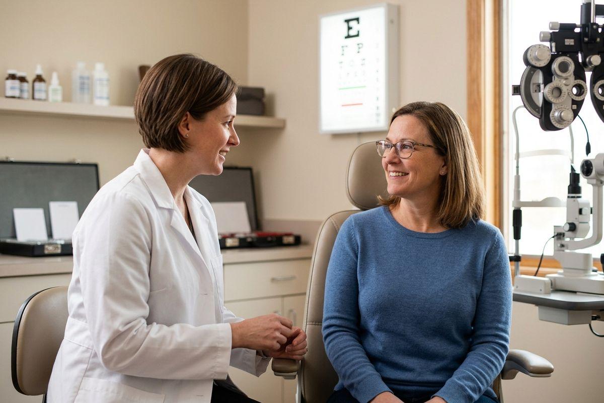 A smiling optometrist and an adult patient wearing glasses talk together in an eye exam room.