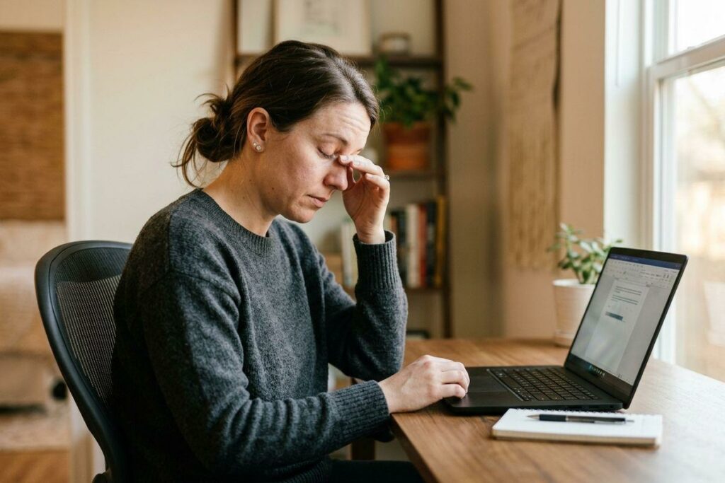Person at a desk with a laptop, eyes closed, pinching bridge of nose, looking tired.