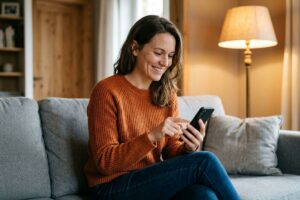A person in an orange sweater smiling while using a smartphone on a gray sofa in a living room.