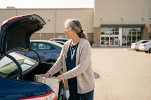 An older adult in a beige cardigan loads a canvas tote bag into an open car trunk in a store parking lot, looking to the side.