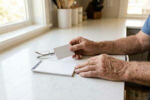 An older adult's hands at a white kitchen counter, holding a blank card beside a spiral notepad and folded reading glasses.