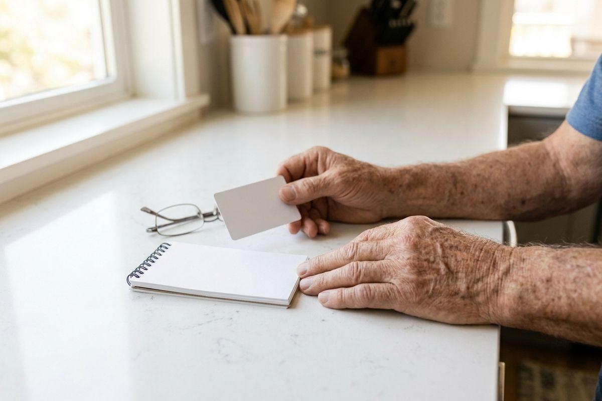 An older adult's hands at a white kitchen counter, holding a blank card beside a spiral notepad and folded reading glasses.