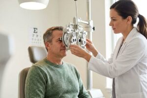 An optometrist adjusts a phoropter for a patient during an eye exam, with an eye chart on the wall behind.