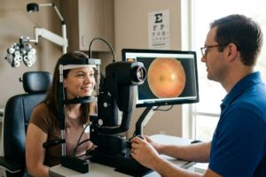 An optometrist operating a retinal imaging device on a smiling patient, with a retina scan shown on the monitor and an eye chart behind.